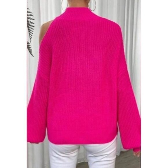 Vibrant Hot Pink Cut Out Shoulder Sweater - Picture 5 of 5